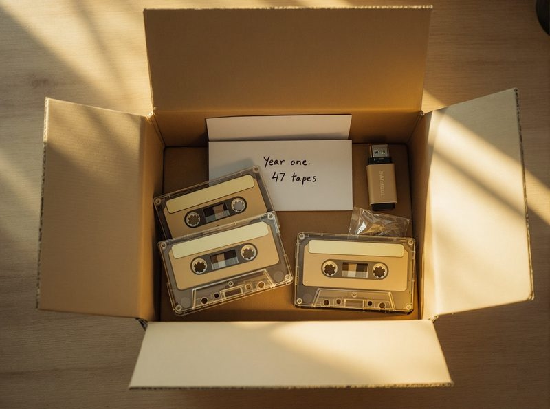 An open kraft box holding three cassette tapes, a USB drive, and a card that reads Year one, 47 tapes