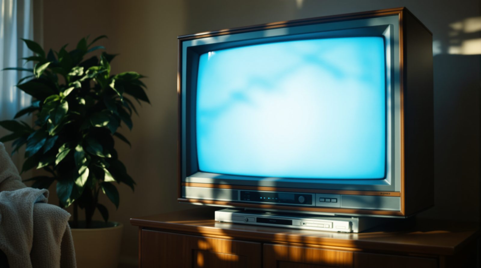 A wood-grain television on a low cabinet in a dark living room, a VCR beneath it with a tape half inserted