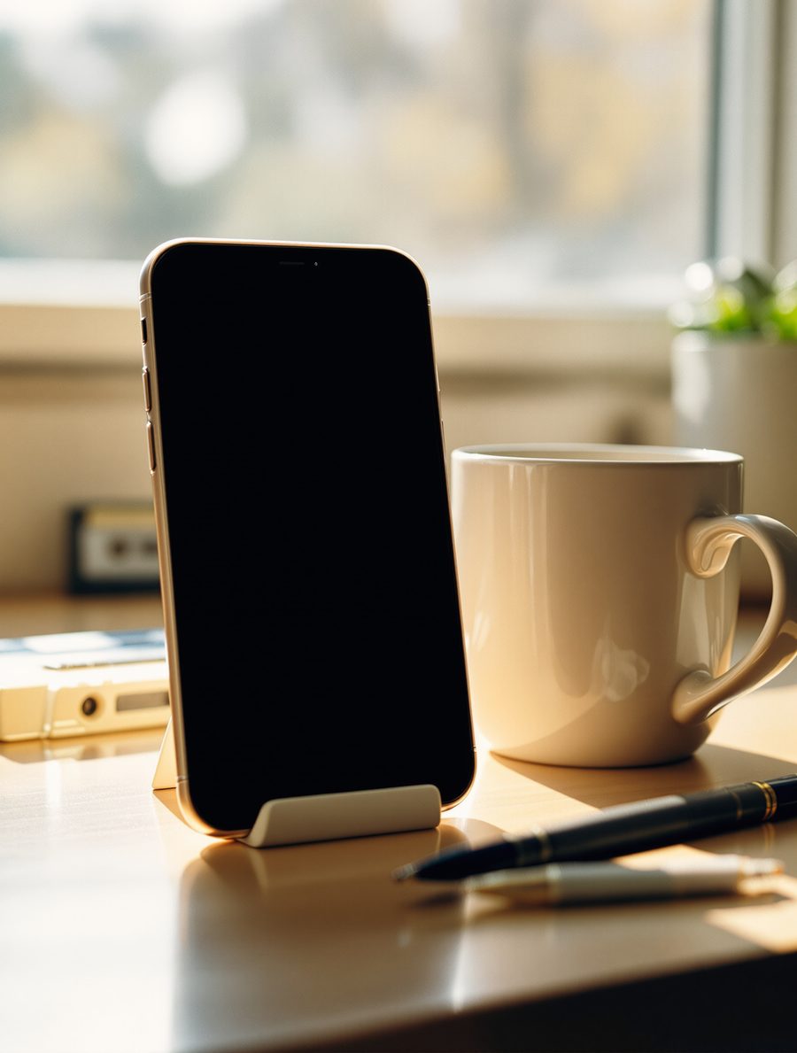 A phone propped against a mug on a kitchen table at night, a cassette beside it