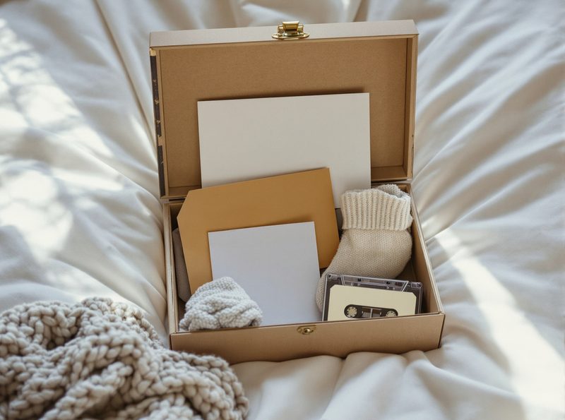 A keepsake box open on a bed: a newborn's knitted sock, a folded drawing, an envelope, and a cassette with a blank label