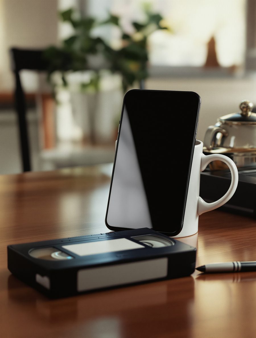 A phone leaning against a mug on a kitchen table at night, a VHS tape beside it