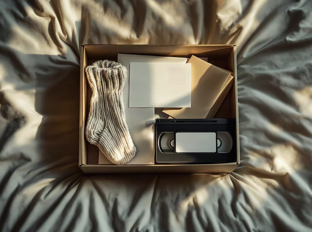 A keepsake box open on a bed: a newborn's knitted sock, a folded drawing, an envelope, and a VHS tape with a blank label