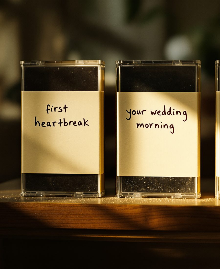 Two cassette cases on a wooden shelf in late light, labeled by hand: first heartbreak, and your wedding morning