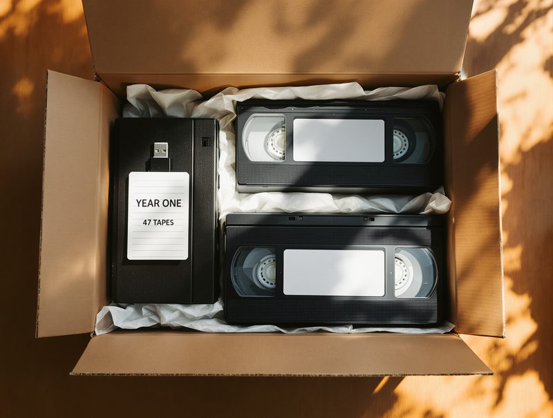 An open kraft box holding two VHS tapes and a drive with a card that reads Year one, 47 tapes