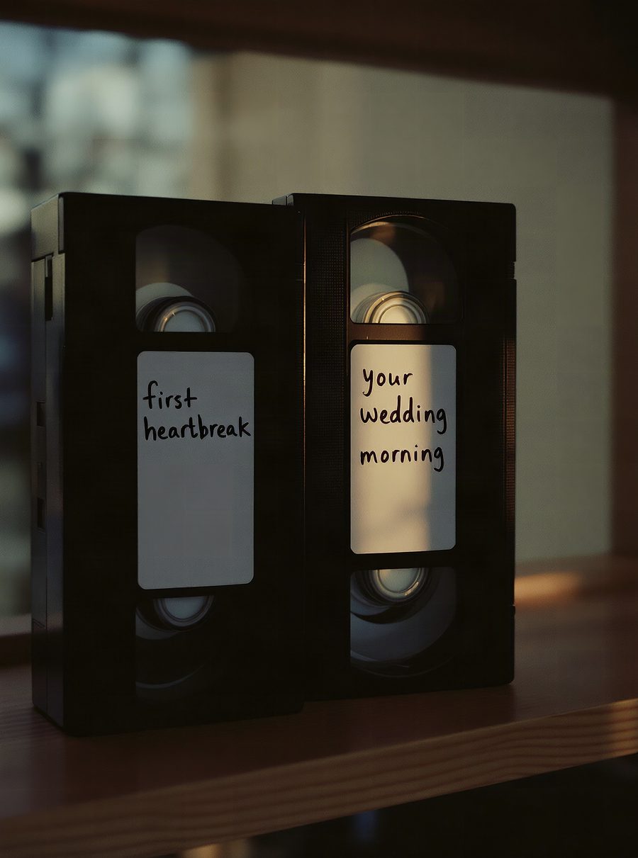 Two VHS tapes standing on a wooden shelf in late light, labeled by hand: first heartbreak, and your wedding morning